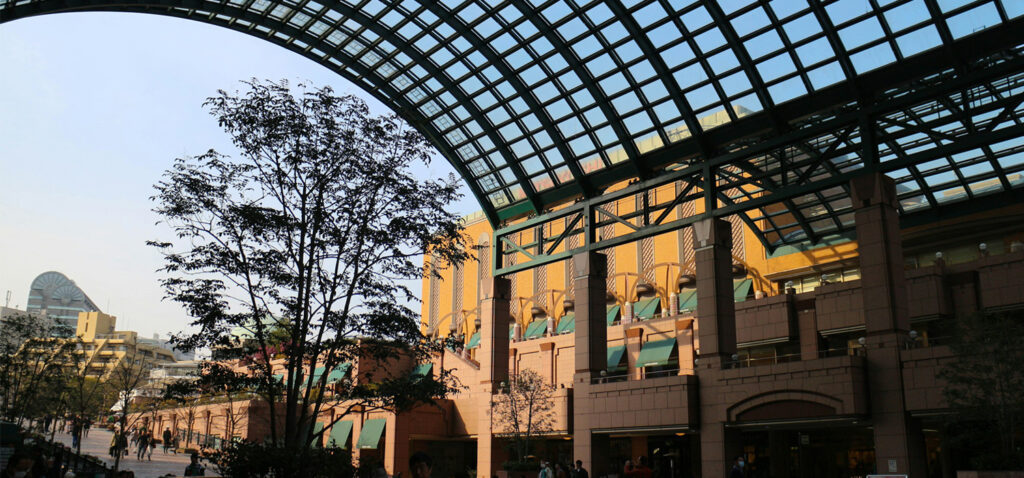 Yebisu Garden Place showing the view away from the brewery at sunset.